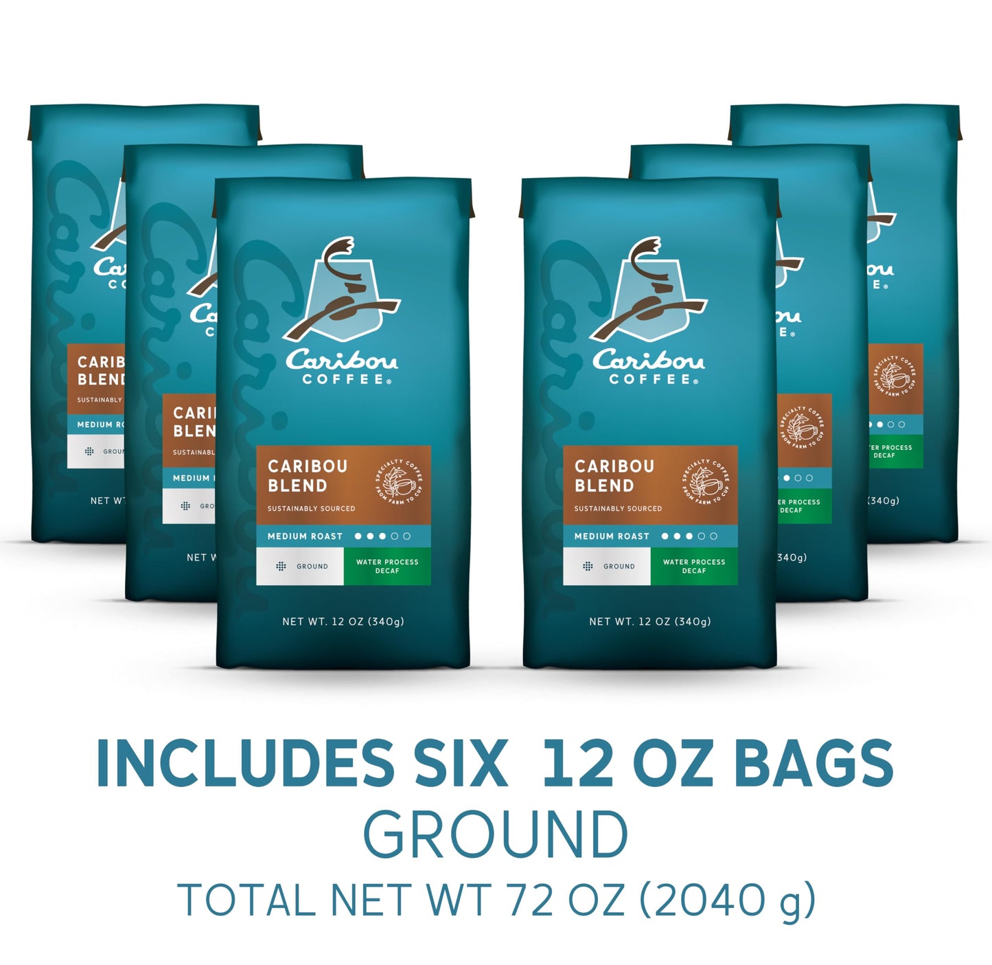 Caribou Coffee, Medium Roast Naturally Decaffeinated Ground Coffee - Caribou Blend 72 Ounces (6 Bags Of 12 Ounces)