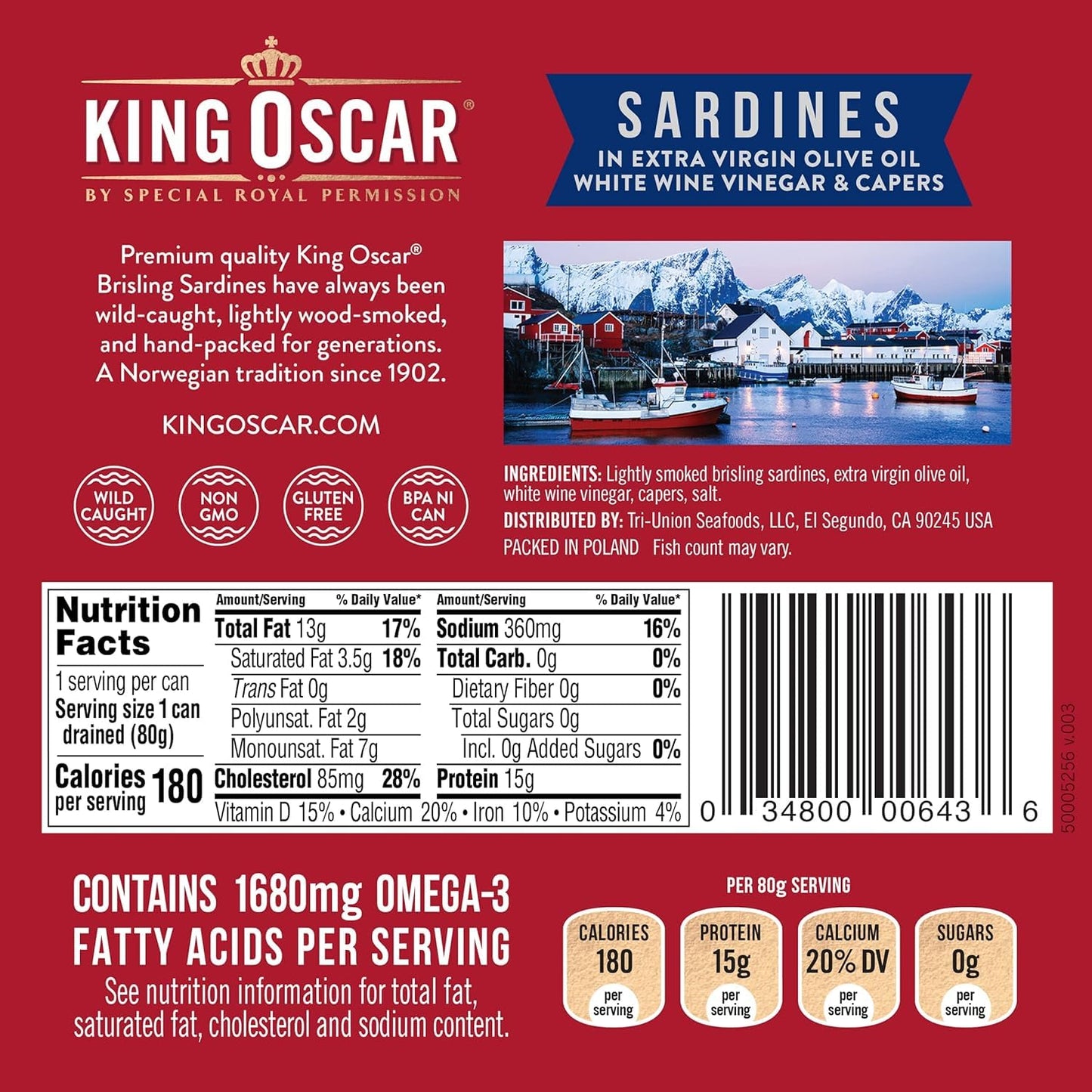King Oscar Brisling Sardines in Extra Virgin Olive Oil, Wild Caught, 3.75 Ounce (Pack of 12), Gluten Free, Low Carb, Natural