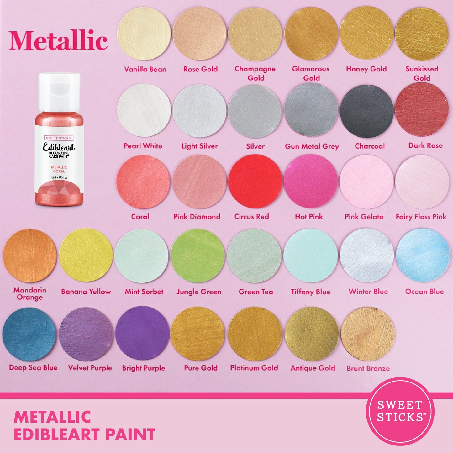 SWEET STICKS Edible Art Cake Paint 0.5 Fl Oz Metallic Coral