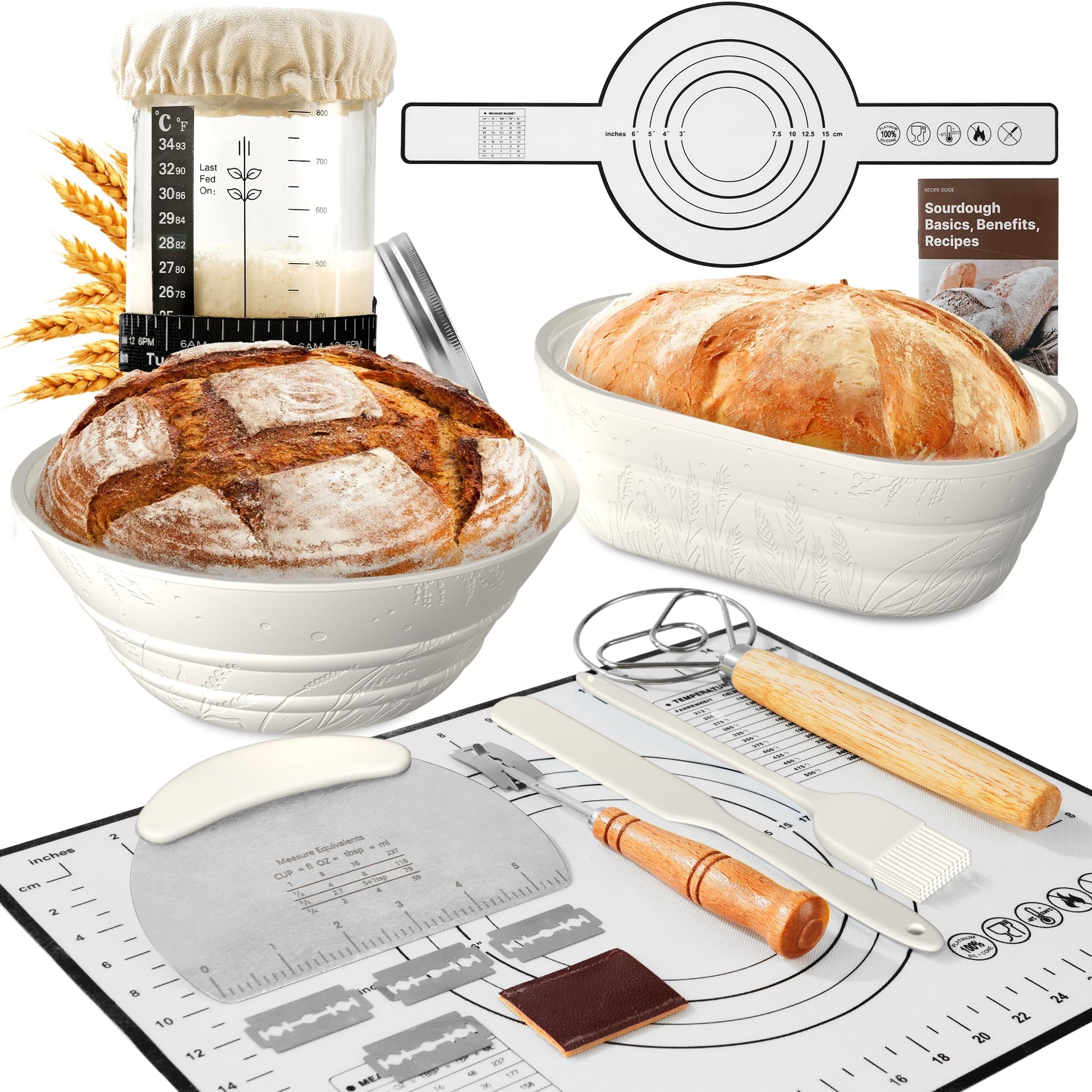 BICRET Sourdough Starter Kit – Complete Baking Supplies, 2 Silicone Proofing Baskets, Baking Mat, White, Model FJ-3-4C