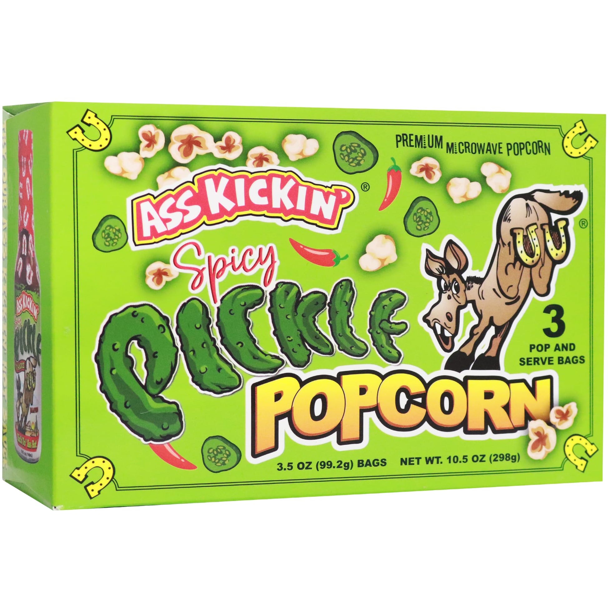 ASS KICKIN Spicy Pickle Microwave Popcorn Bags - 6 Pack - 0.58 Ounce Each - Gourmet Snack for Movie Night