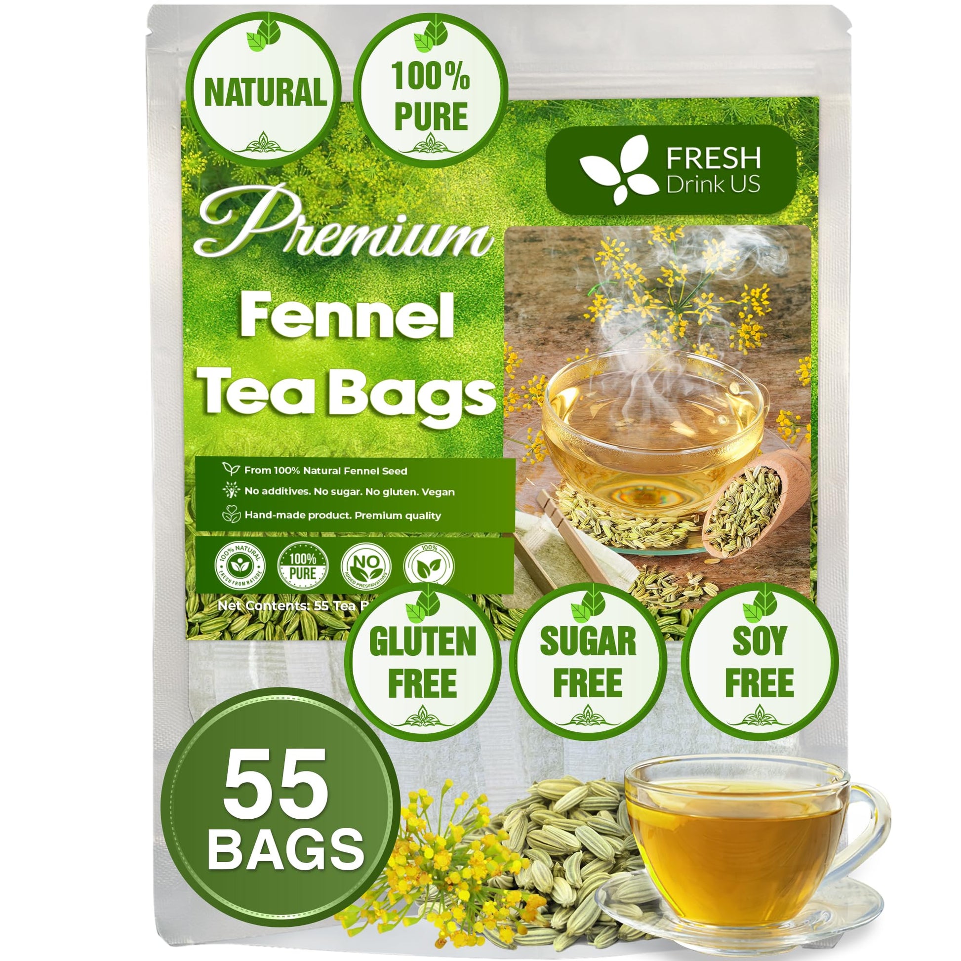 FRESHDRINKUS Fennel Tea Bags, 100% Natural Herbal Tea, Vegan, 55 Count