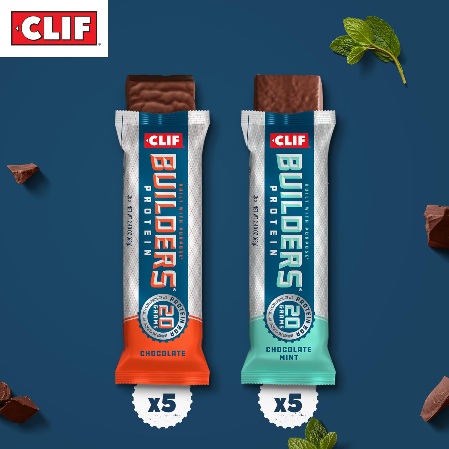 Clif Builders Protein Bars - Chocolate Mint And Chocolate Flavor - Variety Pack - 20G Plant Based Protein - Gluten Free - Non-Gmo - Low Glycemic - No Artificial Sweeteners - 2.4 Oz. (10 Count)