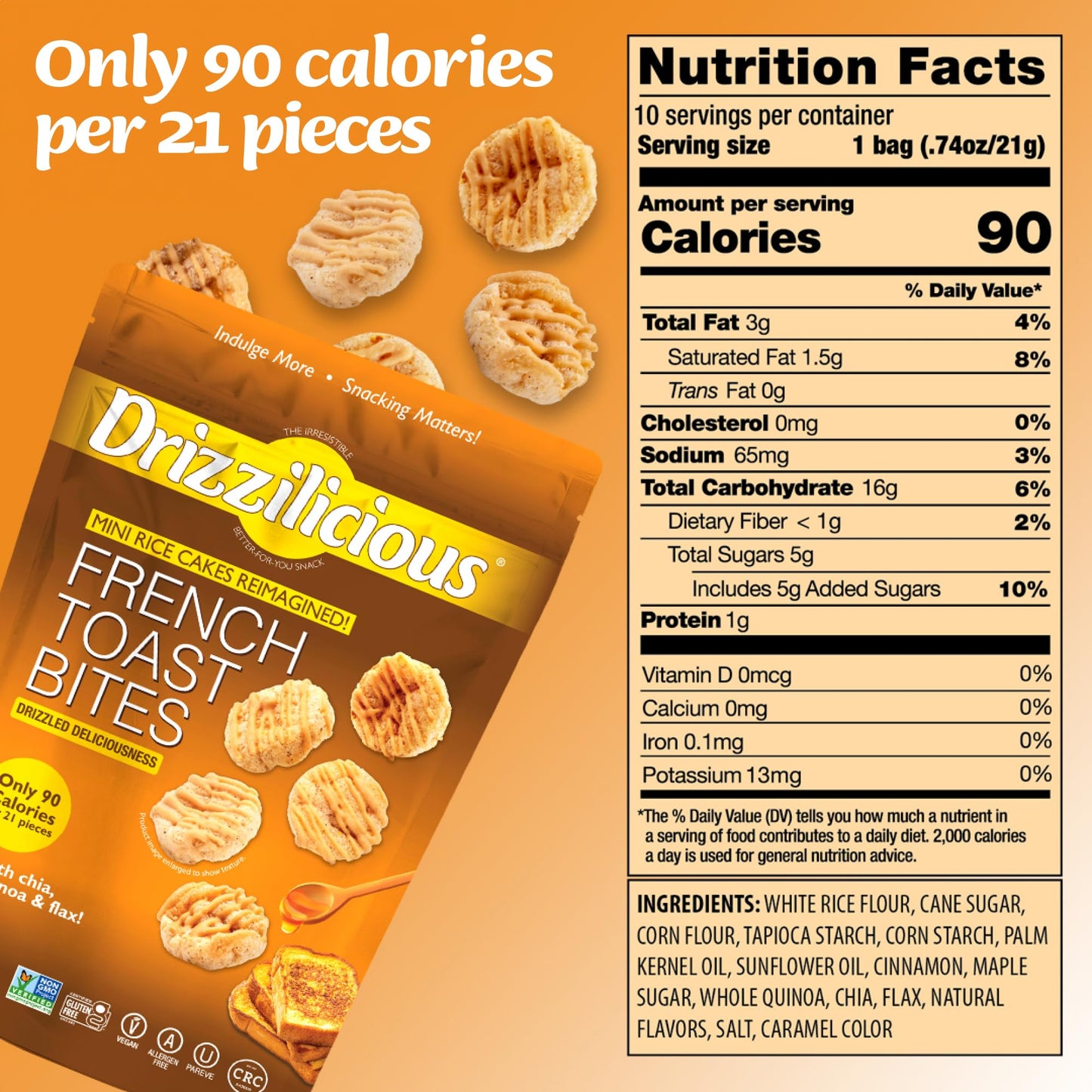 Drizzilicious Mini Rice Cakes - French Toast Flavor, Vegan, Gluten Free, 4oz (Pack of 2)