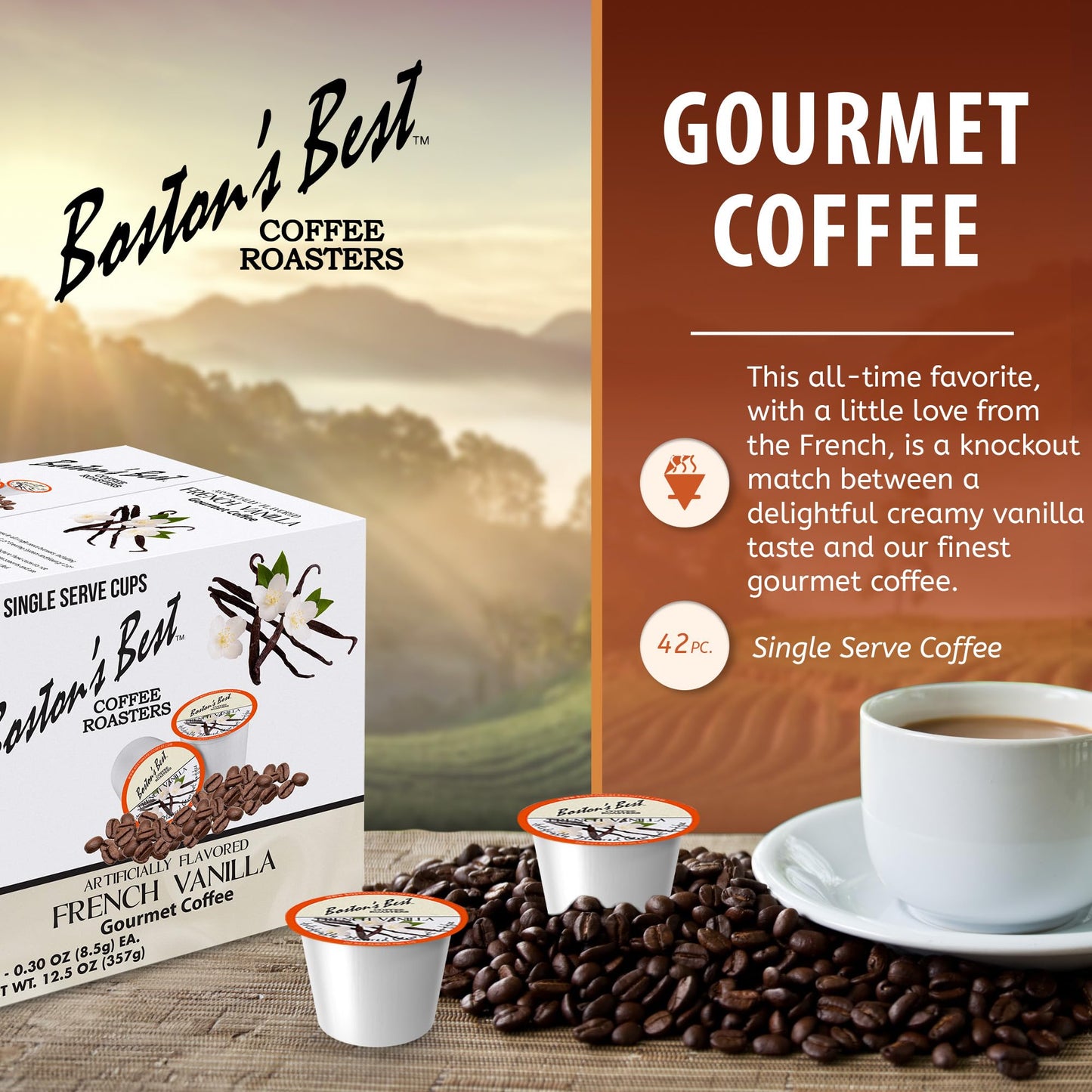 Bostons Best French Vanilla Medium Roast Coffee Pods – 42 Count – Compatible with Keurig malt-inspired