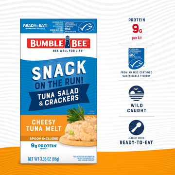 Bumble Bee Snack On The Run Cheesy Tuna Melt With Crackers Kit, 3.35 Oz (Pack Of 12) - Ready To Eat, Spoon Included - Wild Caught Tuna - Shelf Stable & Convenient Protein Snack