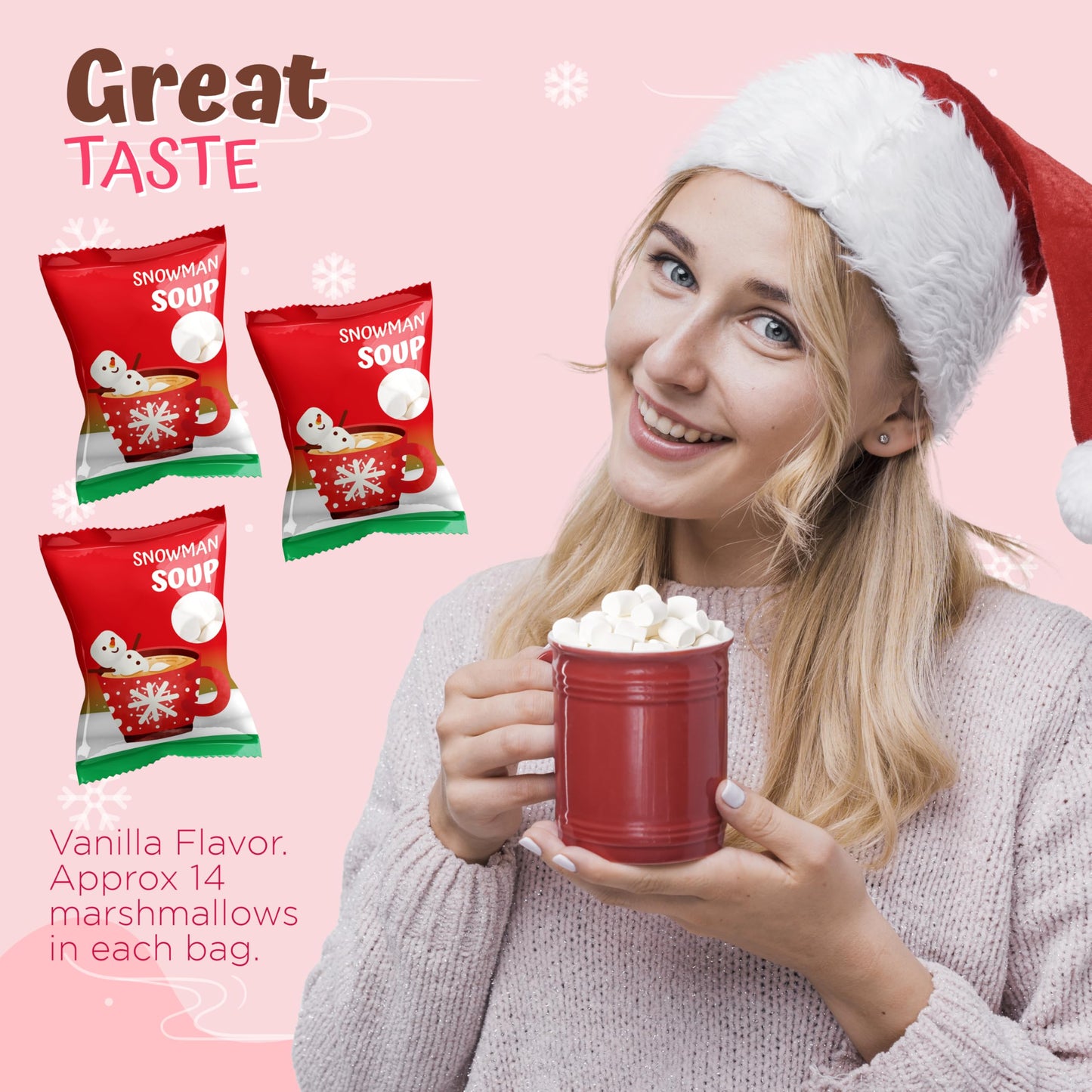 4Es Novelty 50 Packs Snowman Soup Mini Marshmallow Packets  Vanilla Flavored  14 Marshmallows in Each Bag  Bulk Individually Wrapped Christmas Marshmallows For Hot Chocolate Bar Supplies Party