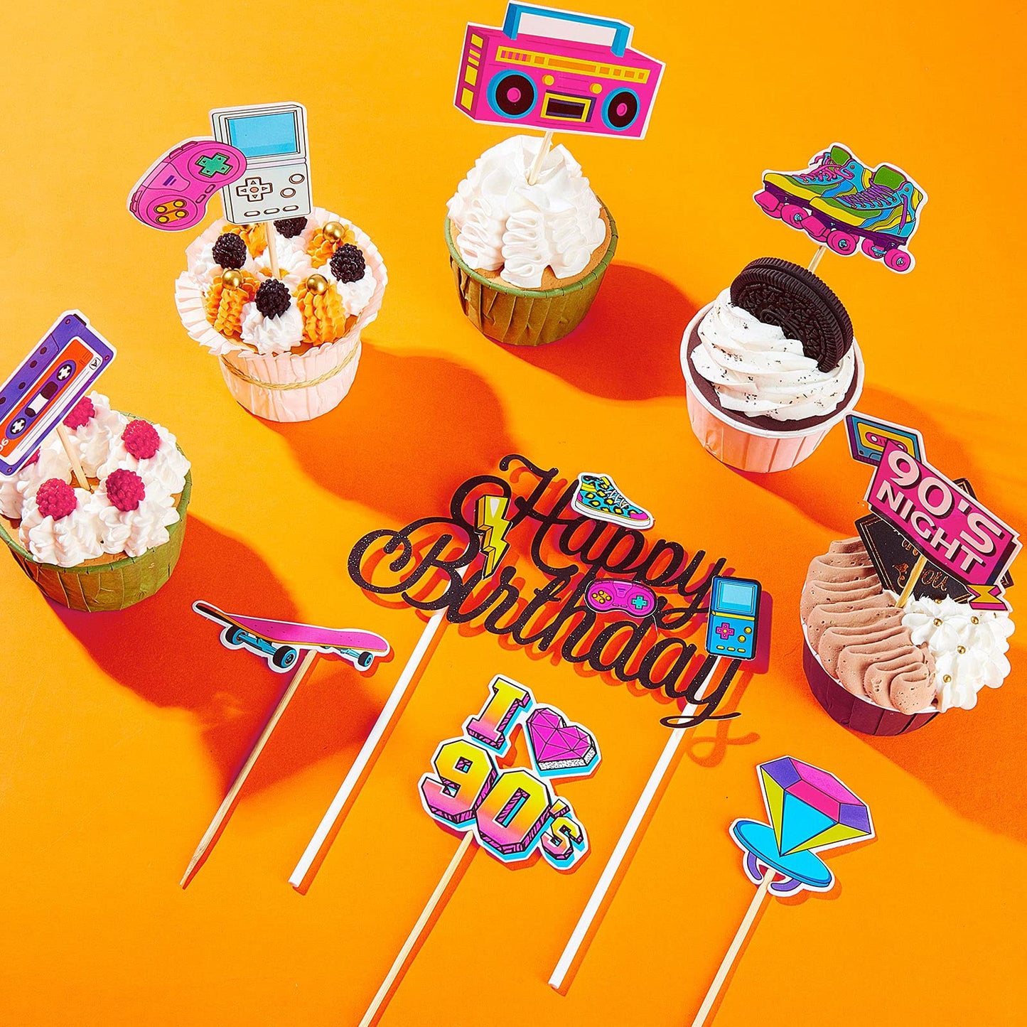41 Pieces 90'S Retro Theme Cupcake Toppers 90'S Birthday Party Cake Toppers 90'S Retro Party Cake Dessert Diy Decoration For Bir