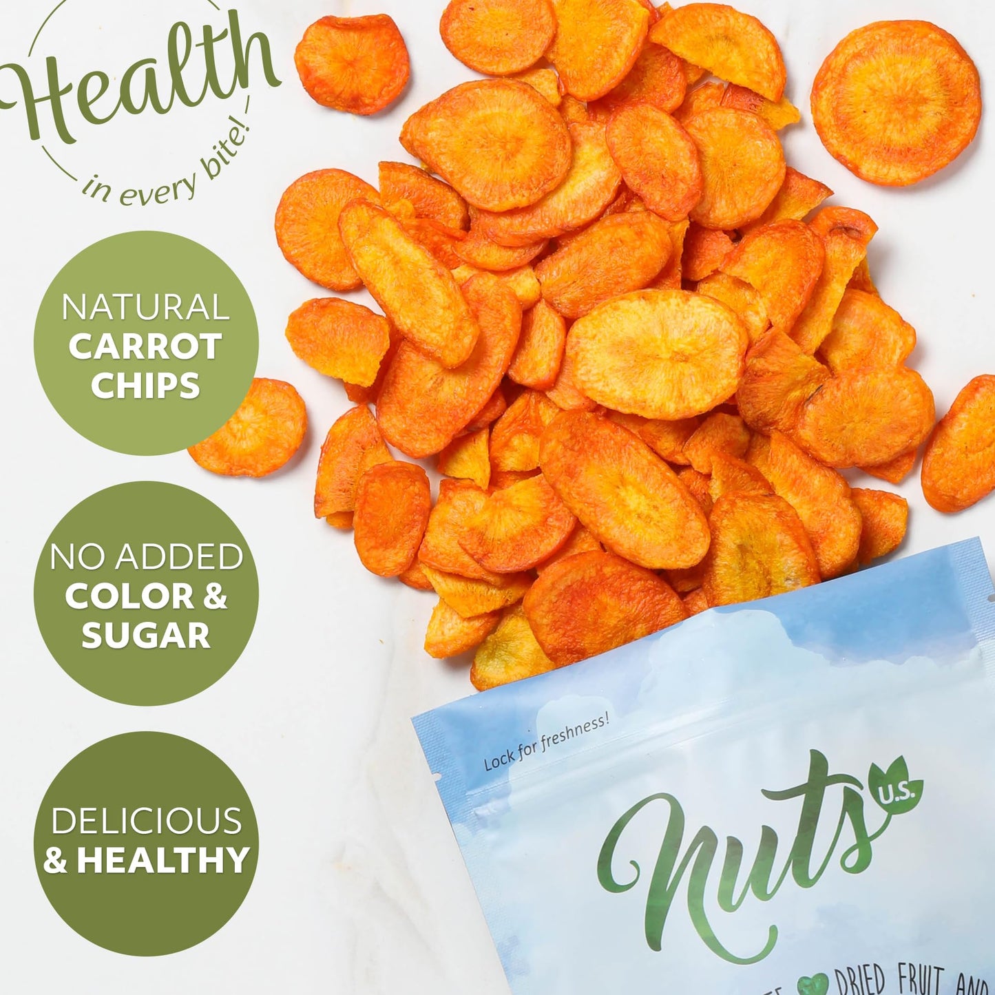 NUTS - U.S. Carrot Chips, Sea-Salted, 40 Ounce (Pack of 1), No Color Added, No Sugar Added, Natural and Healthy Snack