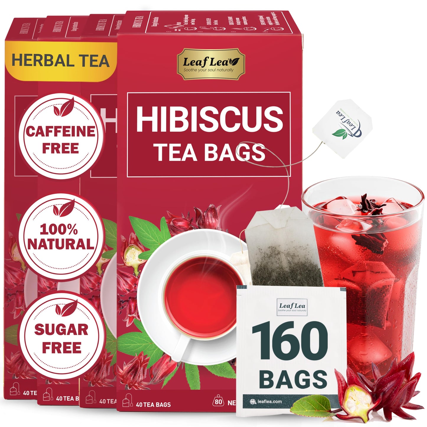 LeafLea Hibiscus Tea Bags, Caffeine-Free, Sugar-Free, Non-GMO, 160 Count (Pack of 4)