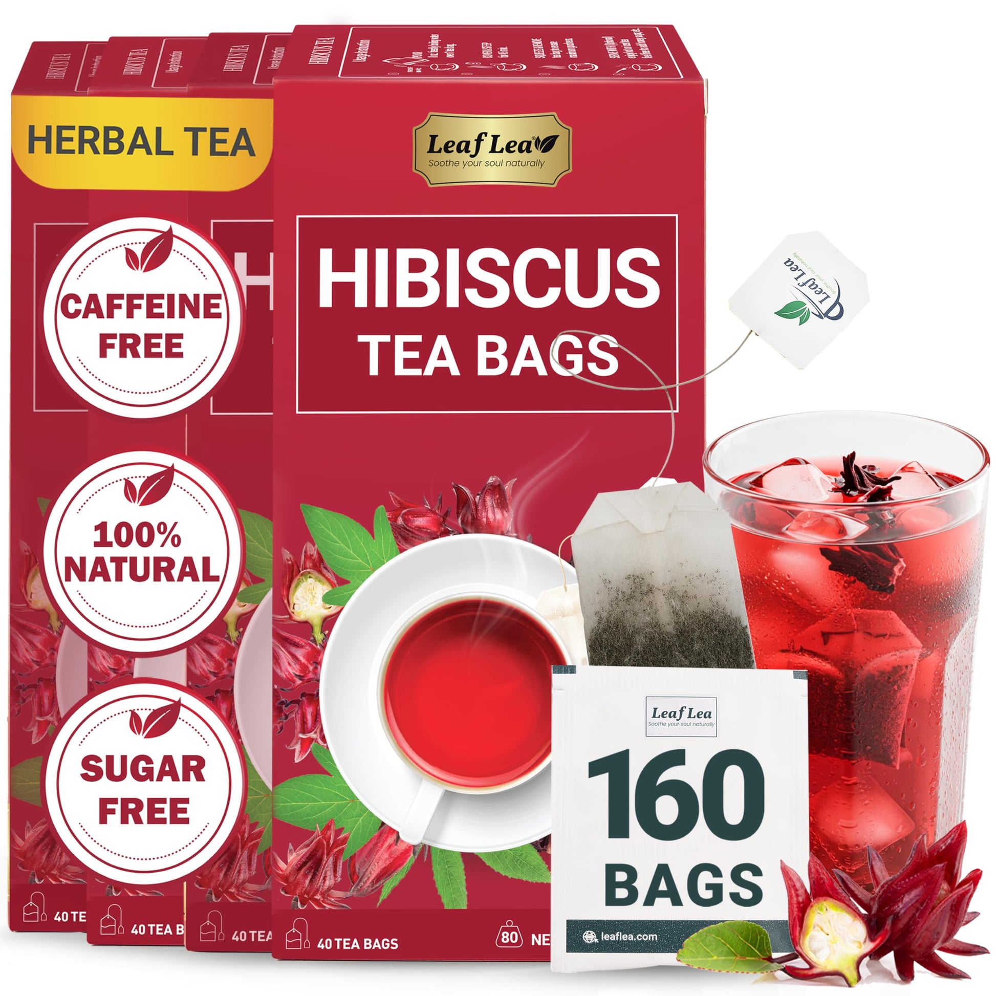 LeafLea Hibiscus Tea Bags, Caffeine-Free, Sugar-Free, Non-GMO, 160 Count (Pack of 4)