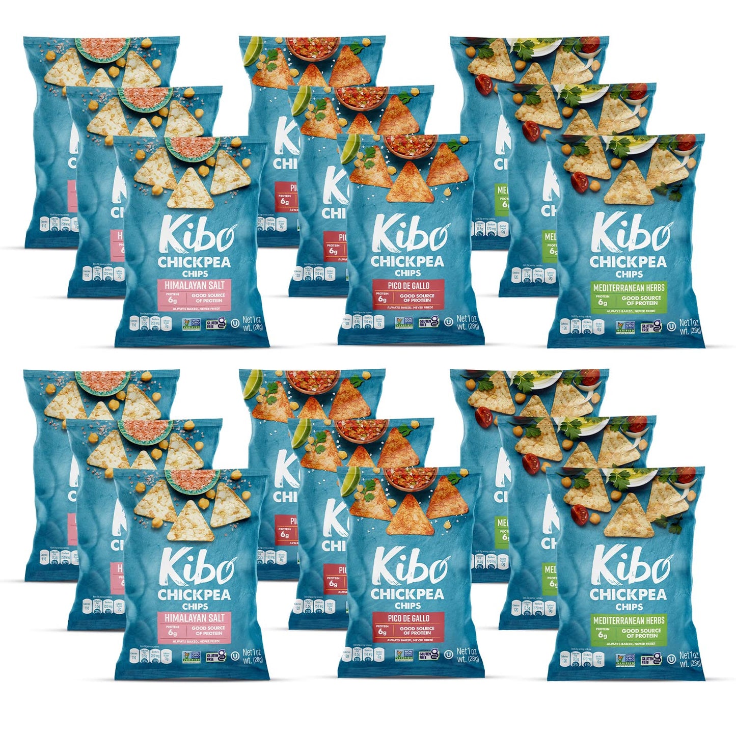 Kibo Chickpea Chips 3 Flavor Variety Pack - High Protein-Fiber, Plant-Based, Gluten-Free, Non-GMO, Vegan, Made with Real Veggies
