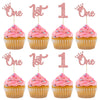 24Pcs One Cupcake Toppers Glitter 1St Birthday Cupcake Picks For Baby Shower First Birthday Party Cake Decorations Supplies Rose