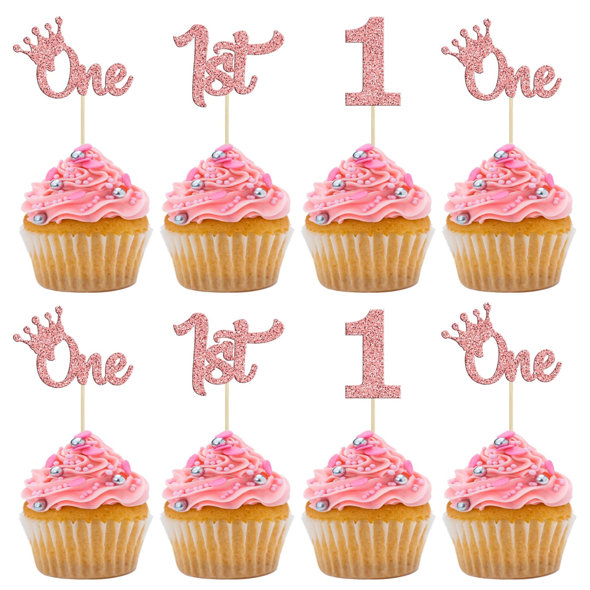 24Pcs One Cupcake Toppers Glitter 1St Birthday Cupcake Picks For Baby Shower First Birthday Party Cake Decorations Supplies Rose