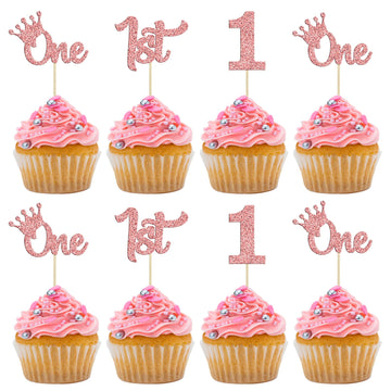 24Pcs One Cupcake Toppers Glitter 1St Birthday Cupcake Picks For Baby Shower First Birthday Party Cake Decorations Supplies Rose