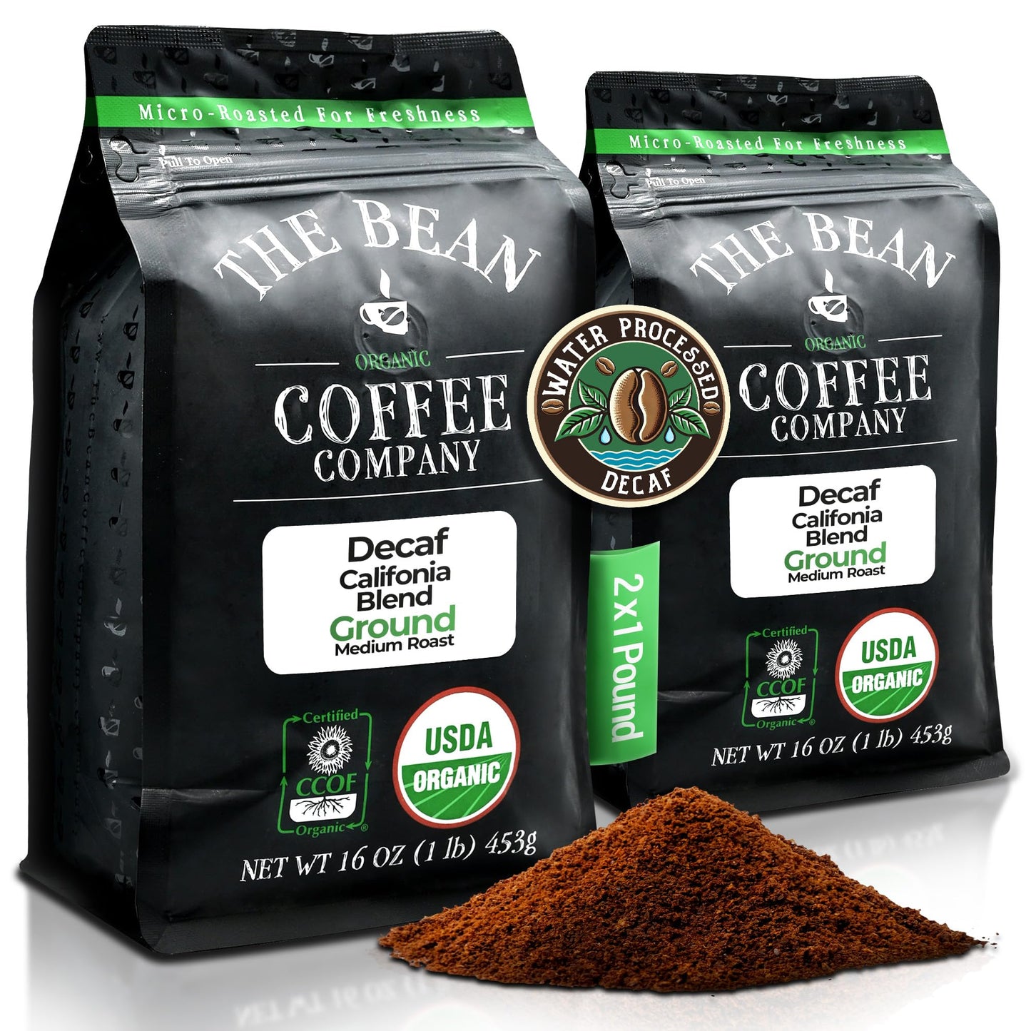 The Bean Organic Coffee Company Water Processed DECAF California Blend, Medium Roast, Ground Coffee, 16-Ounce Bags (Pack of 2), 