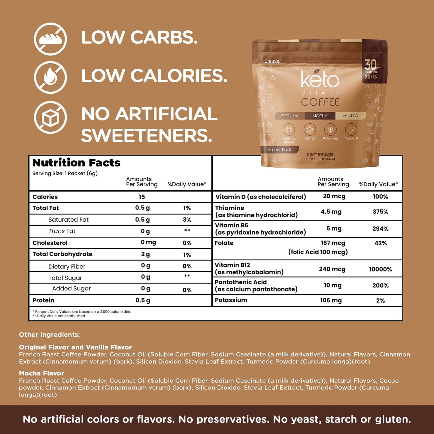 Keto Vitals Instant Keto Coffee Powder - Low-Calorie Sweetened Coffee Packets, Single Serve - Instant Mix In Original, Vanilla,