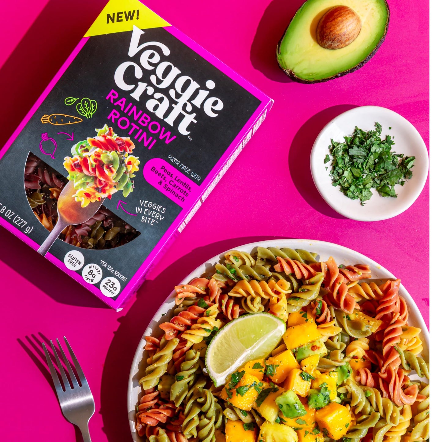Veggiecraft Farms Rainbow Rotini Pasta - Lentil Protein Pasta with Pea & Spinach  Gluten Free Noodles  High Fiber  Vegan  23 g Protein Per Serving - 8 oz (Pack of 1)