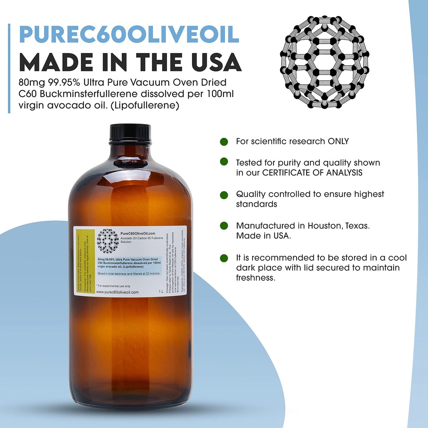 PureC60OliveOil Organic Avocado Oil - 99.95% Carbon 60, 800mg, Food Grade, 33.8 Fl Oz, Amber Glass Bottle