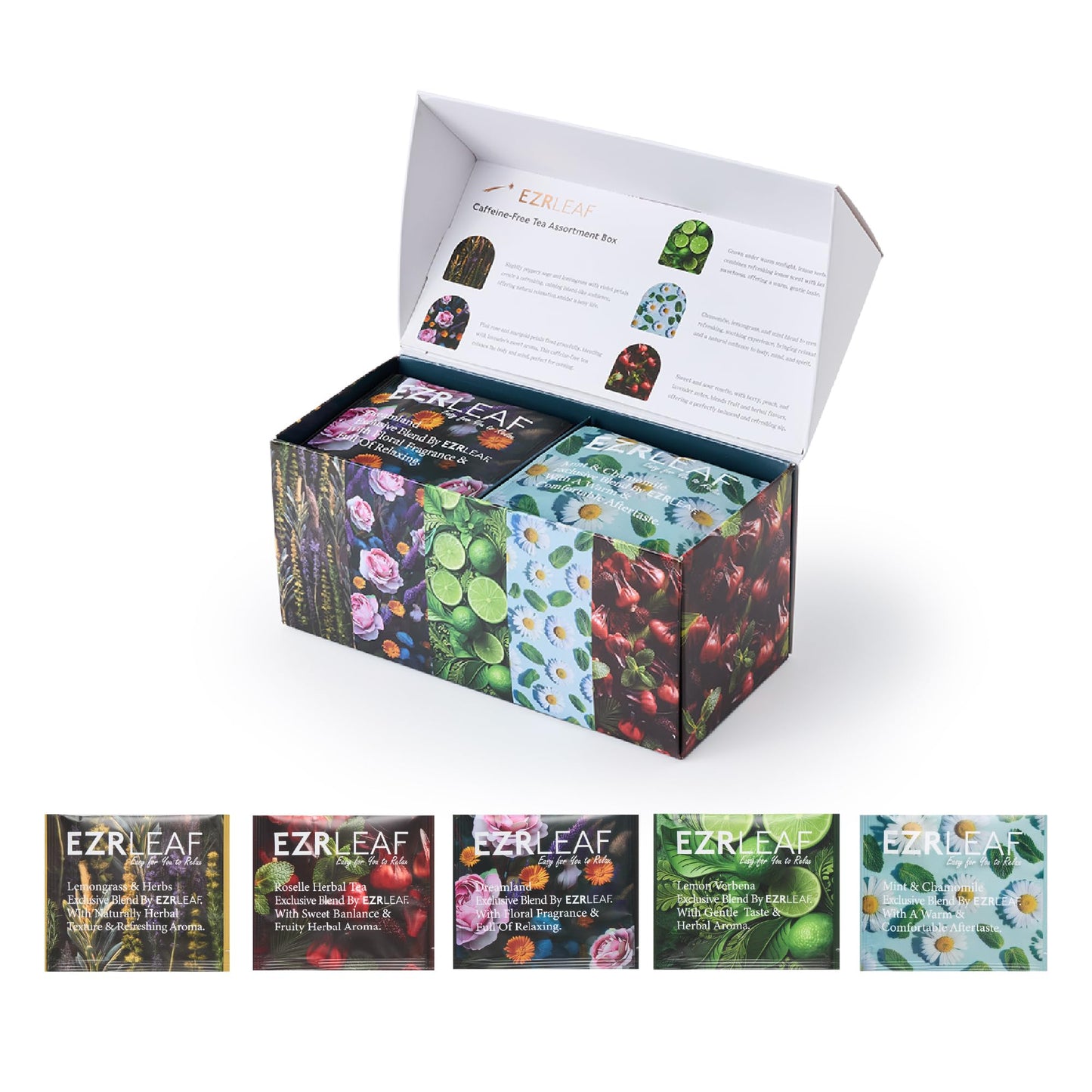 Decaf Herbal Tea Sampler – Ezr Leaf 22Ct Caffeine-Free Pyramid Bags, Assorted Fruit & Floral Blends With Lemon Verbena, Chamomile Mint, Dreamland, Roselle – Variety Tea Gift Set For Tea Lovers