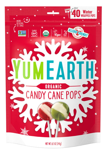 Yumearth Holiday Organic Candy Cane Pops 40 Winter Wrapped Pops Allergy Friendly Gluten Free Non-Gmo Vegan No Artificial Flavors