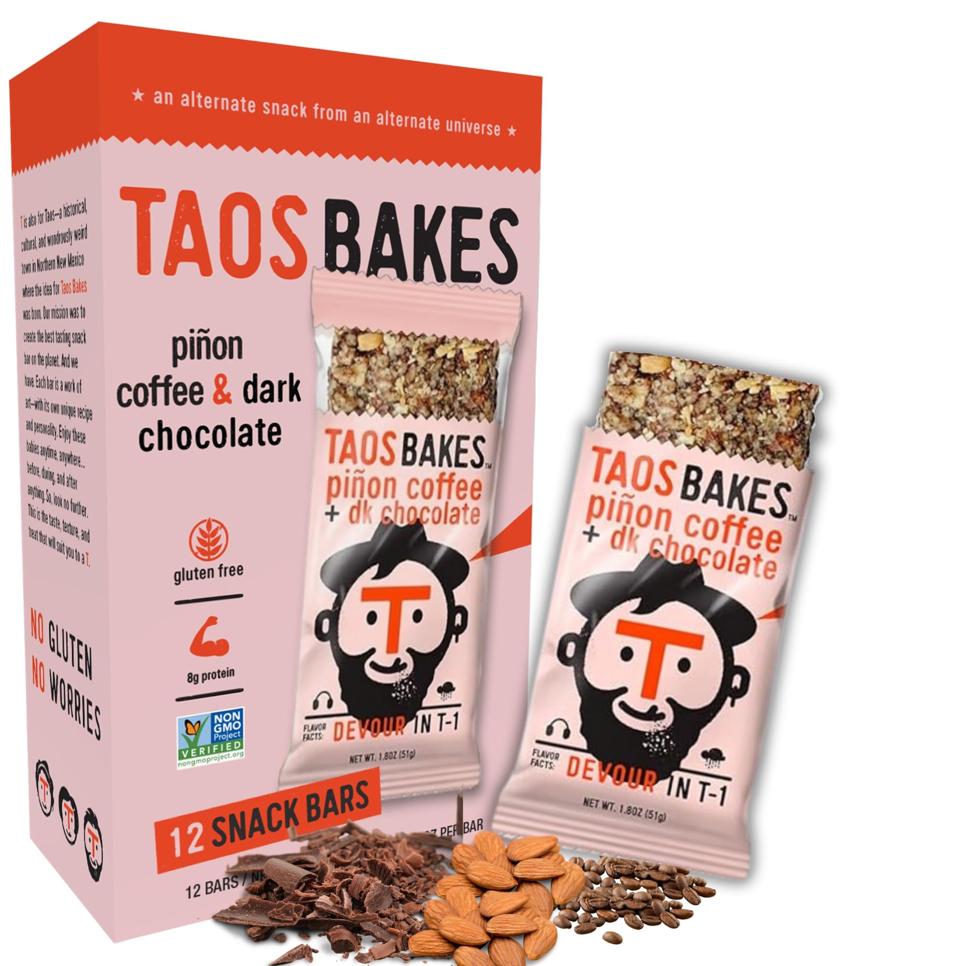 Taos Bakes - Coffee + Dark Chocolate - Breakfast Bar - 8G Of Protein, 6G Fiber, & Gluten Free - Healthy Snack For Mature-Themeds - Filled With Pine Nuts, Almonds, Chocolate, & Chia Seeds - 12 Pack, 1.8Oz Ea