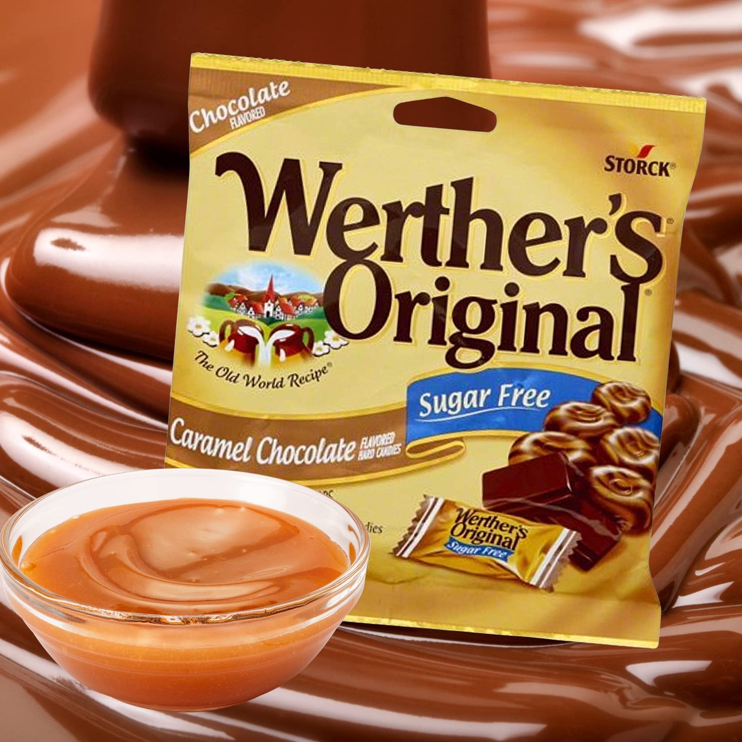 Needzo Werther'S Original Sugar Free Chewy Caramels And Chocolate Caramel Hard Candies Bundle, Shareable Bag With Individually W