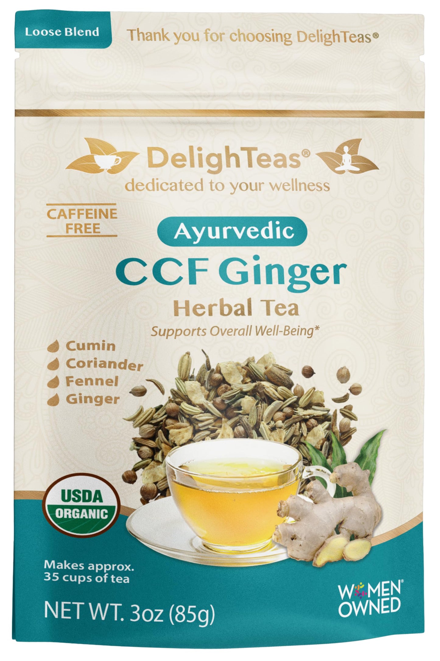 DelighTeas Organic Digest & Detox CCF Tea with Ginger, 3oz, Loose Leaf, USDA Organic, Caffeine Free, Non-GMO