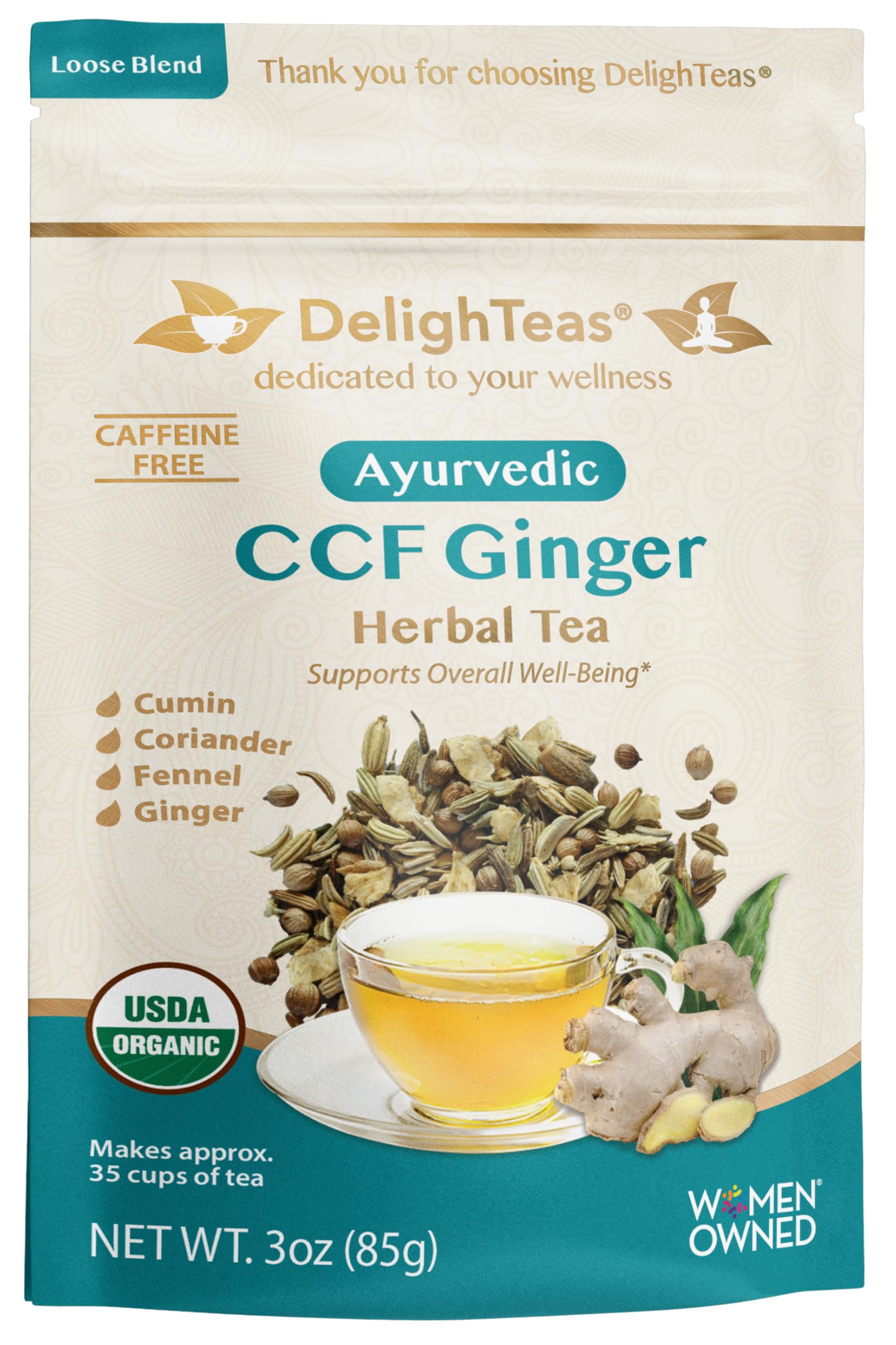 DelighTeas Organic Digest & Detox CCF Tea with Ginger, 3oz, Loose Leaf, USDA Organic, Caffeine Free, Non-GMO
