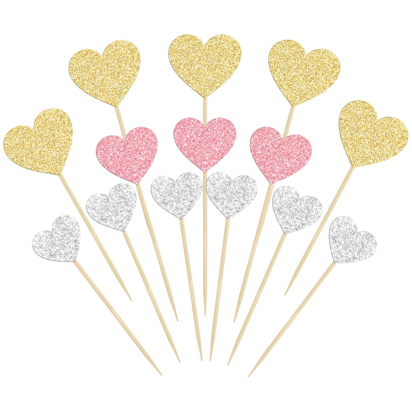 Gyufise Heart Cupcake Toppers, 30Pcs Glitter Picks for Valentines Day, Gold Pink Silver, Paper, Model ZN0555-MU1