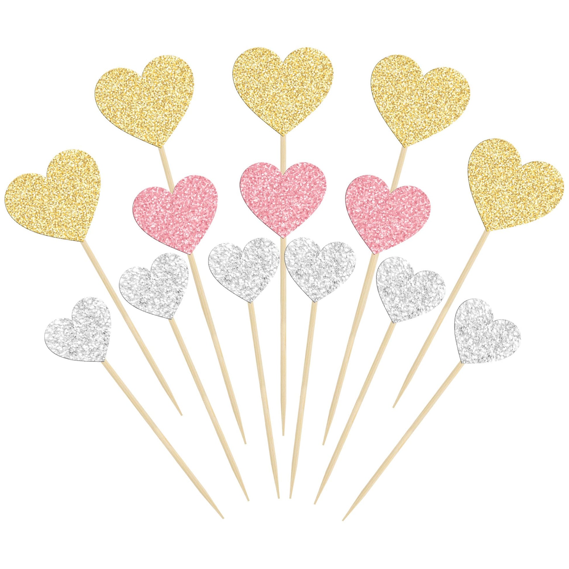 Gyufise Heart Cupcake Toppers, 30Pcs Glitter Picks for Valentines Day, Gold Pink Silver, Paper, Model ZN0555-MU1