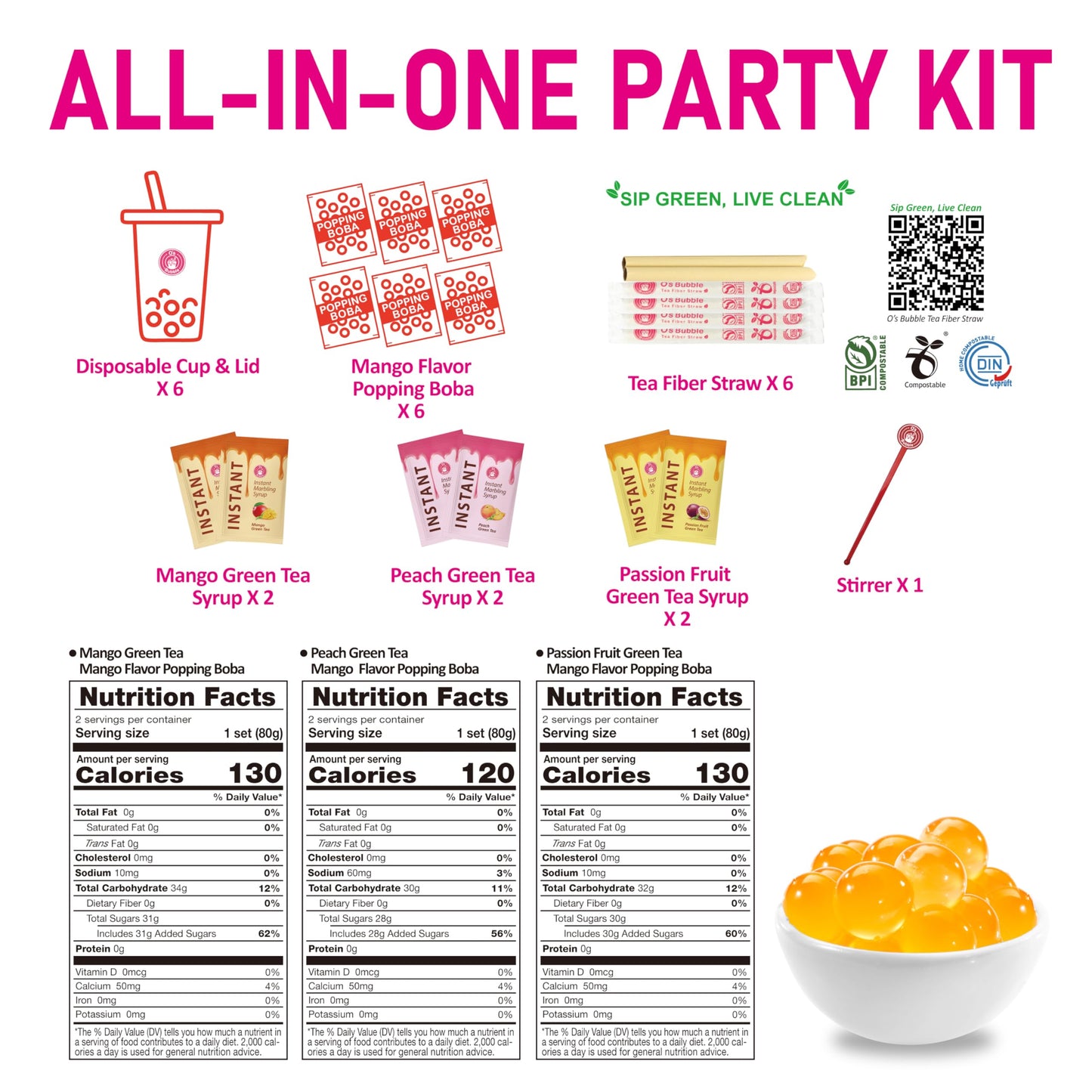 O'S Bubble Boba Tea Kit - 6 Servings Bubble Tea Kit - Popping Boba Party Kit - 3 Flavors Popping Boba Kit