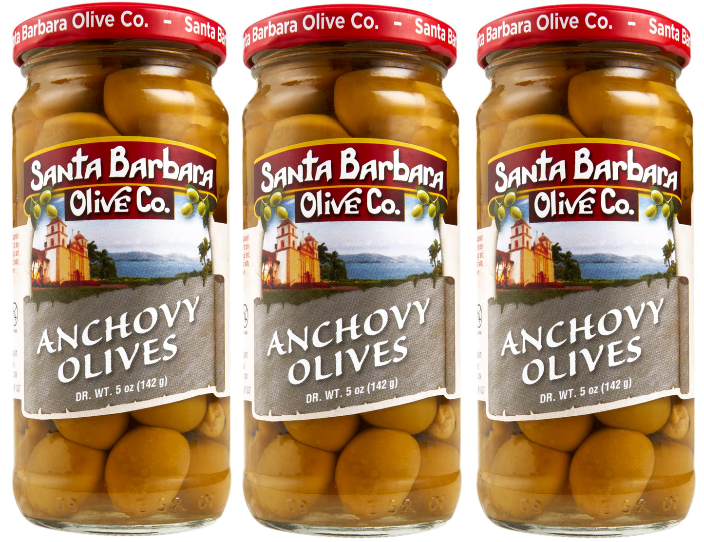 SANTA BARBARA OLIVE CO Pitted Green Olives Anchovy Stuffed Pack of 3, 5oz Each, Perfect for Charcuterie, Salads, Pizza, Pasta