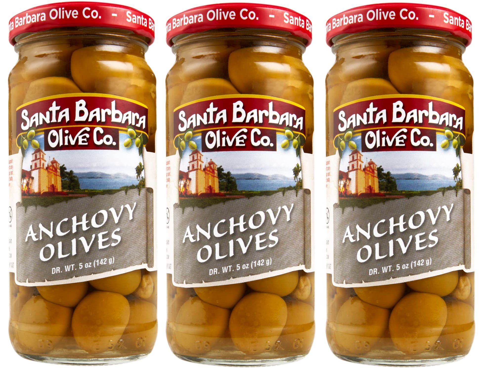 SANTA BARBARA OLIVE CO Pitted Green Olives Anchovy Stuffed Pack of 3, 5oz Each, Perfect for Charcuterie, Salads, Pizza, Pasta