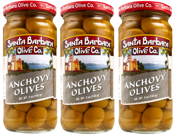 SANTA BARBARA OLIVE CO Pitted Green Olives Anchovy Stuffed Pack of 3, 5oz Each, Perfect for Charcuterie, Salads, Pizza, Pasta