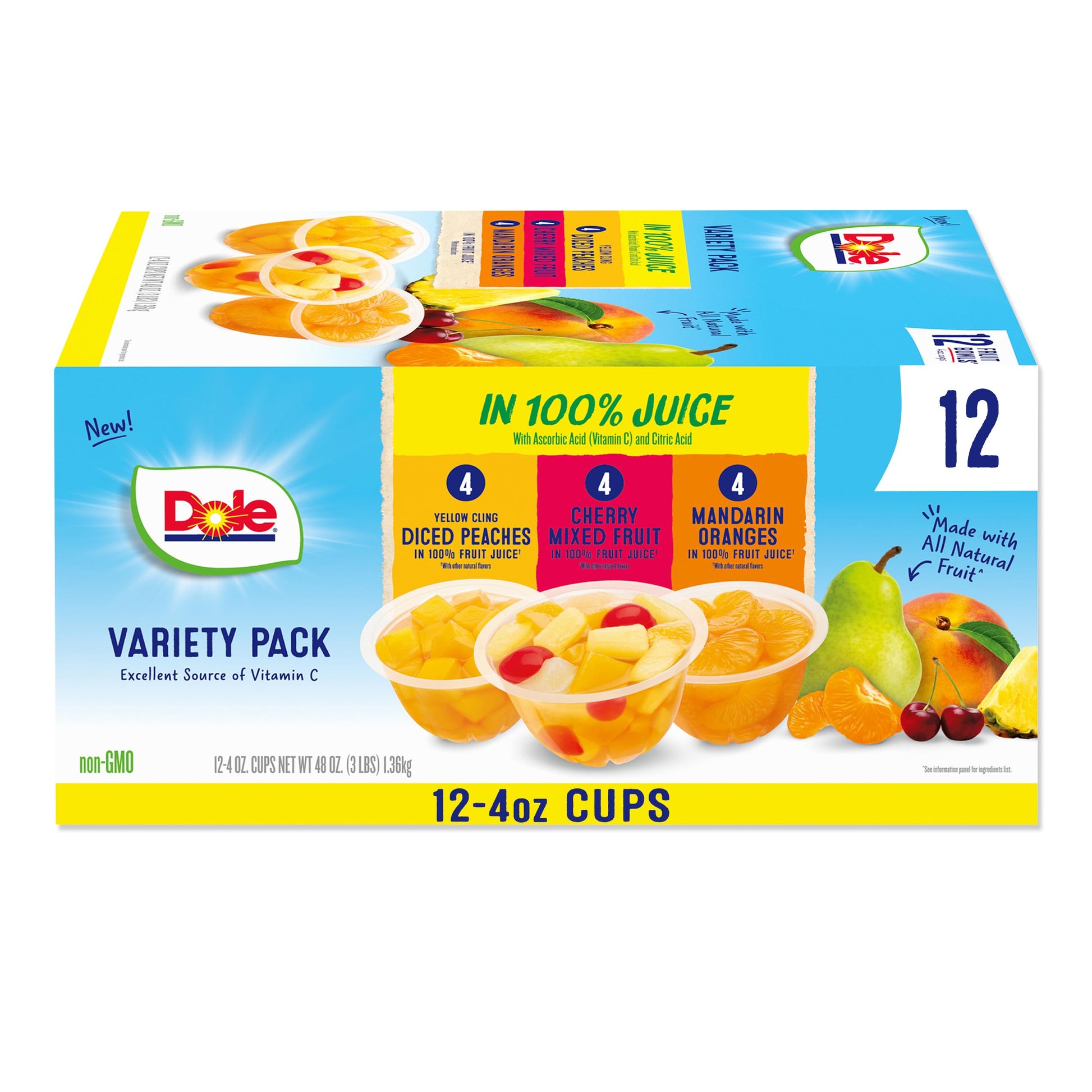 Dole Fruit Bowls In 100% Juice Variety Pack Snacks, Peaches, Cherry Mixed Fruit, Mandarin Oranges, 4Oz 12 Total Cups, Gluten & D