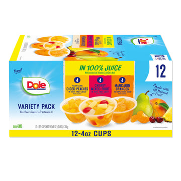 Dole Fruit Bowls In 100% Juice Variety Pack Snacks, Peaches, Cherry Mixed Fruit, Mandarin Oranges, 4Oz 12 Total Cups, Gluten & D