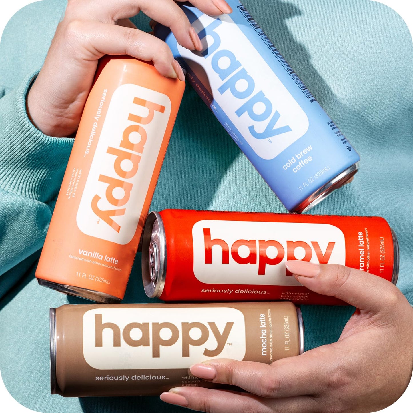 Happy Coffee Canned Mocha Latte, 11 Oz. Cans, 12 Pack, Notes Of Cocoa & Elation, 100% Arabica Beans, No Artificial Flavors Or Sw