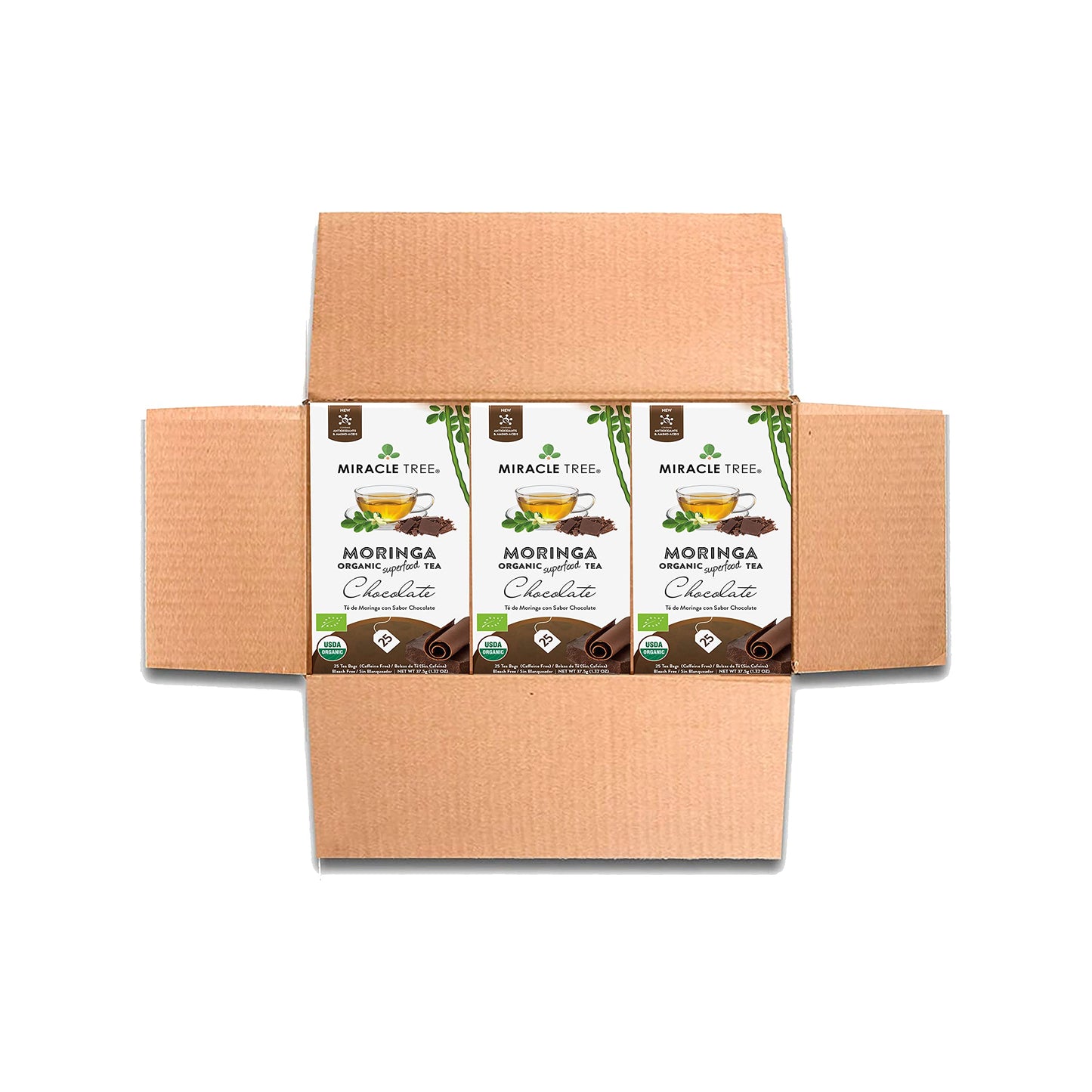   Tree - 3 Count Of Organic Moringa Superfood Tea, 25 Individually Sealed Tea Bags, Chocolate (Keto, Detox, Energy/Immunity Booster, Vegan, Gluten-Free, Organic, Non-Gmo, Caffeine-Free)