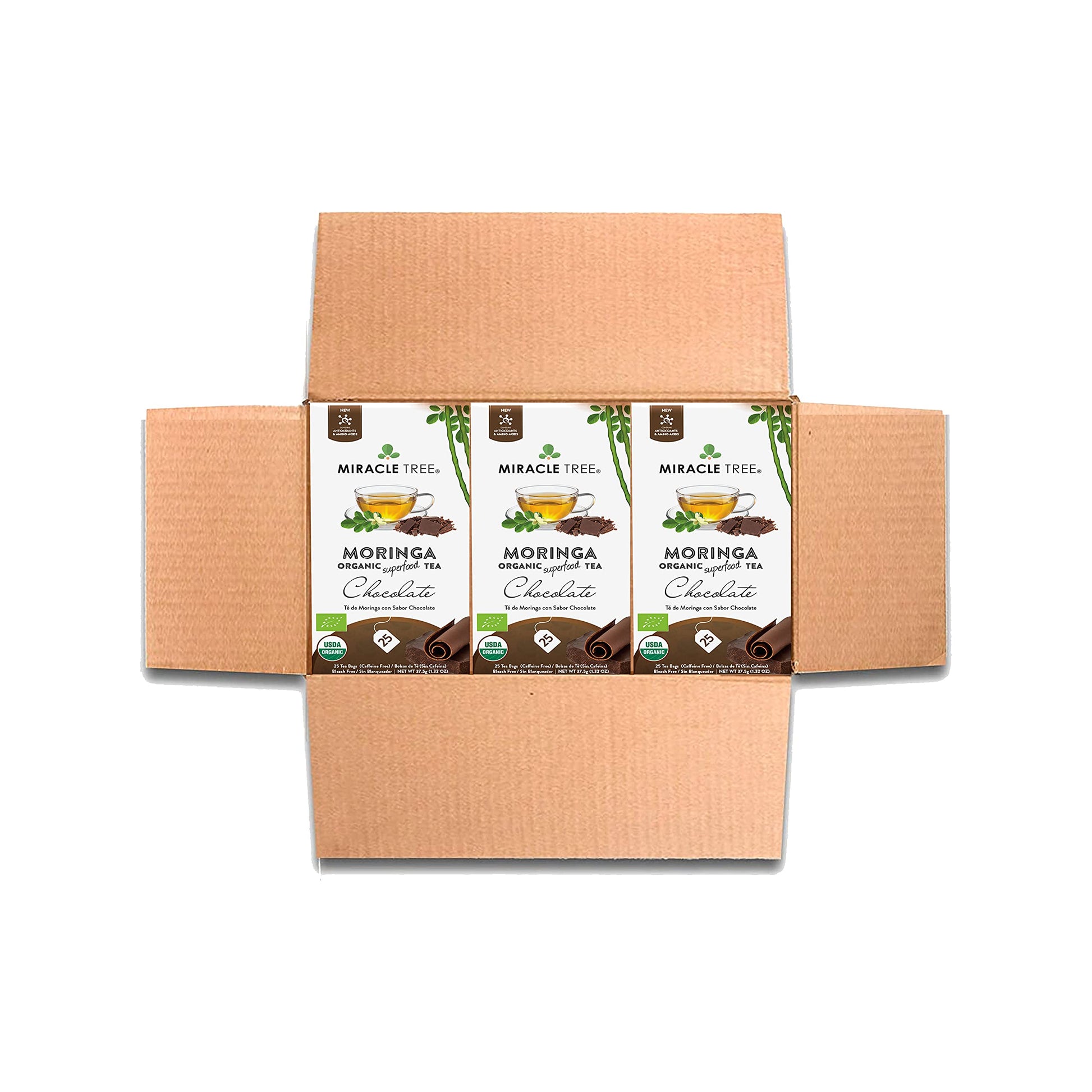   Tree - 3 Count Of Organic Moringa Superfood Tea, 25 Individually Sealed Tea Bags, Chocolate (Keto, Detox, Energy/Immunity Booster, Vegan, Gluten-Free, Organic, Non-Gmo, Caffeine-Free)