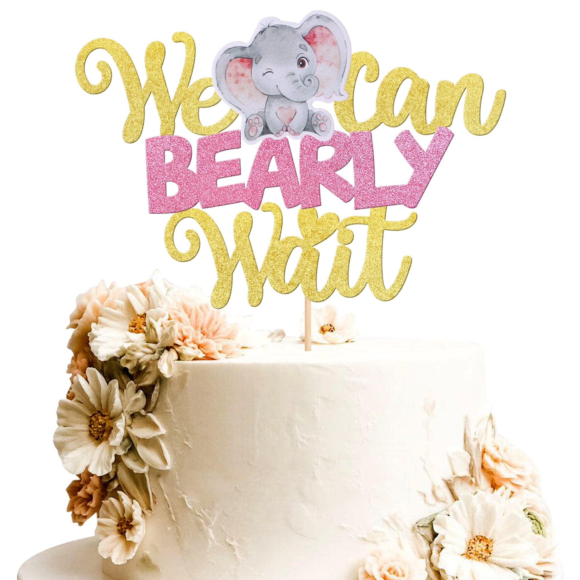 1 Pcs We Can Bearly Wait Cake Topper With Elephant Glitter Baby Shower Cake Pick For New Born Gender Reveal Kids Birthday Party