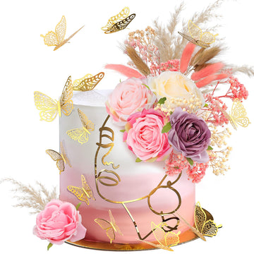 21 Pcs Boho Cake Topper Decorations Acrylic Minimalist Art Lady Gold Face Cake Topper Vintage Artificial Rose Flower Wedding Cak