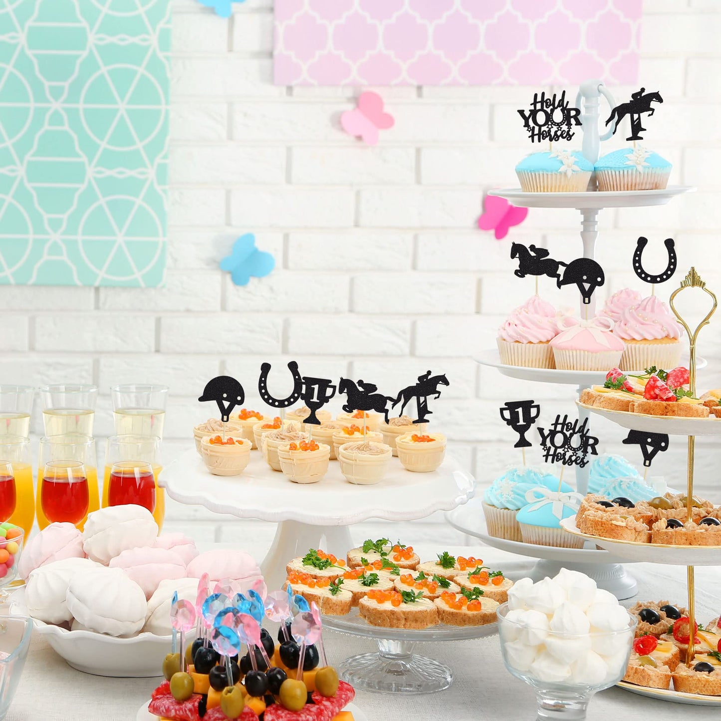Gyufise 24Pcs Kentucky Derby Cupcake Toppers Black Glitter Equestrian Horse Cake Decorations Horse Cupcake Picks For Sports Eque
