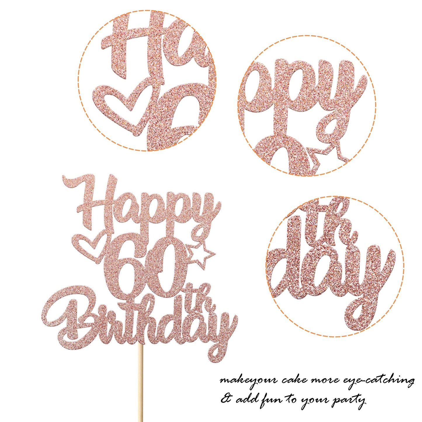 1 Pack Happy 60Th Birthday Cake Topper Glitter Heart Star 60 Fabulous Cake Pick Birthday Sign Cake Decorations For Children 60Th