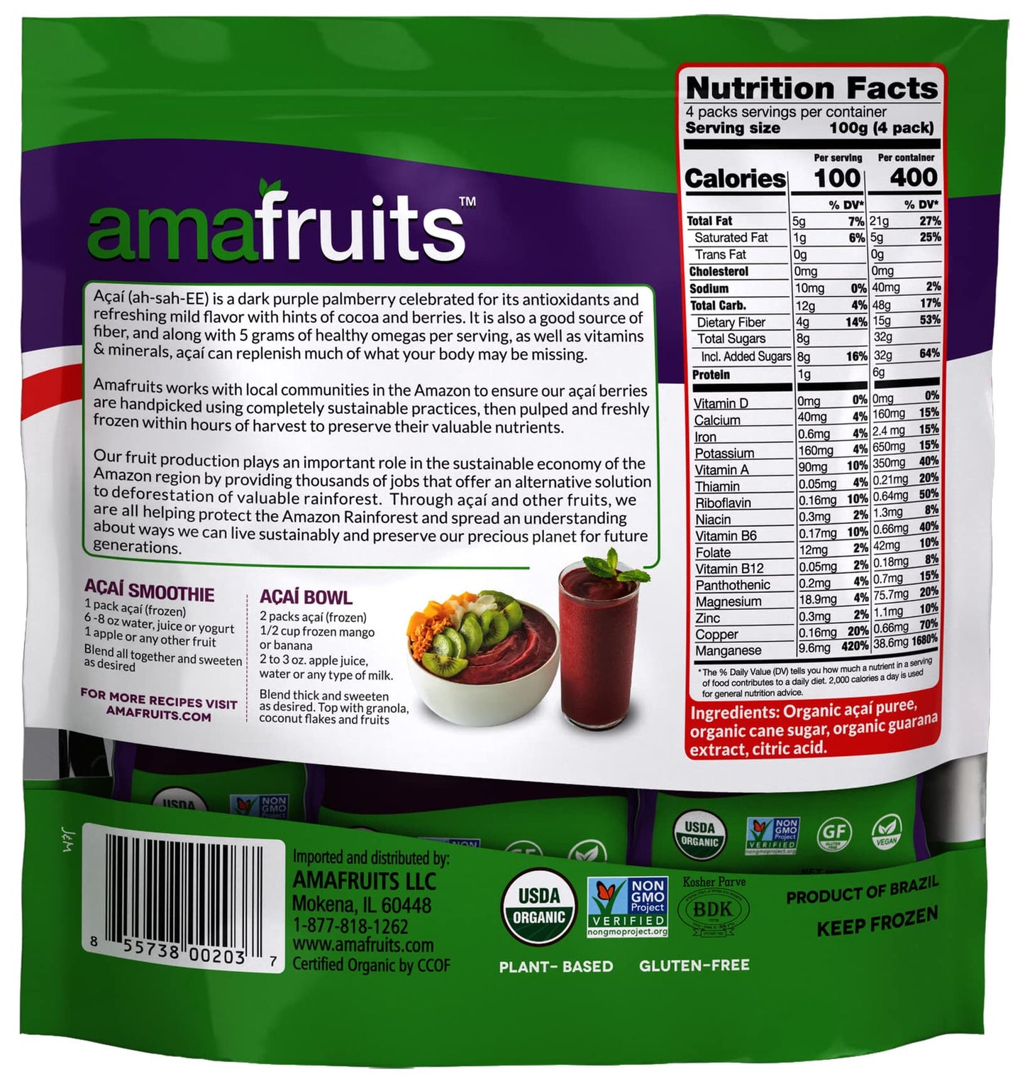Amafruits Acai Berry Frozen Puree Smoothie Packs | USDA Organic | Non-GMO | 12 Multi-Pack Bags, 3.5oz Each