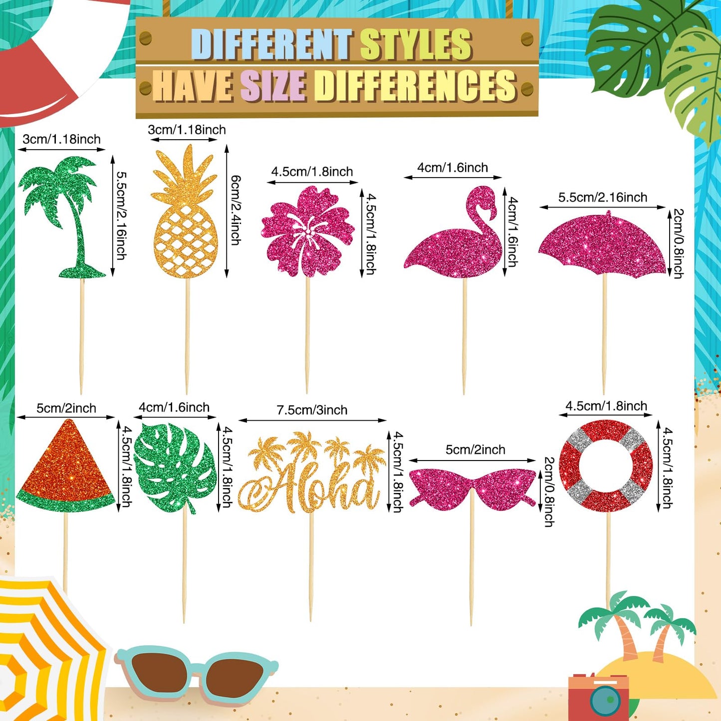 Epakh Summer Beach Cupcake Toppers, 100 Pcs Hawaiian Theme Cake Picks, Paper/Bamboo, 20.5 x 14.5 x 3.5 cm, Vibrant Summer