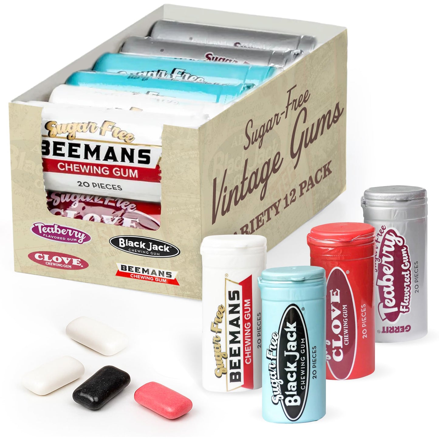 Gerrits Sugar Free Gum Variety Pack - Beemans, Black Jack, Clove, Teaberry - 12 Tubes, 240 Pieces, Pink, White, Black, Light