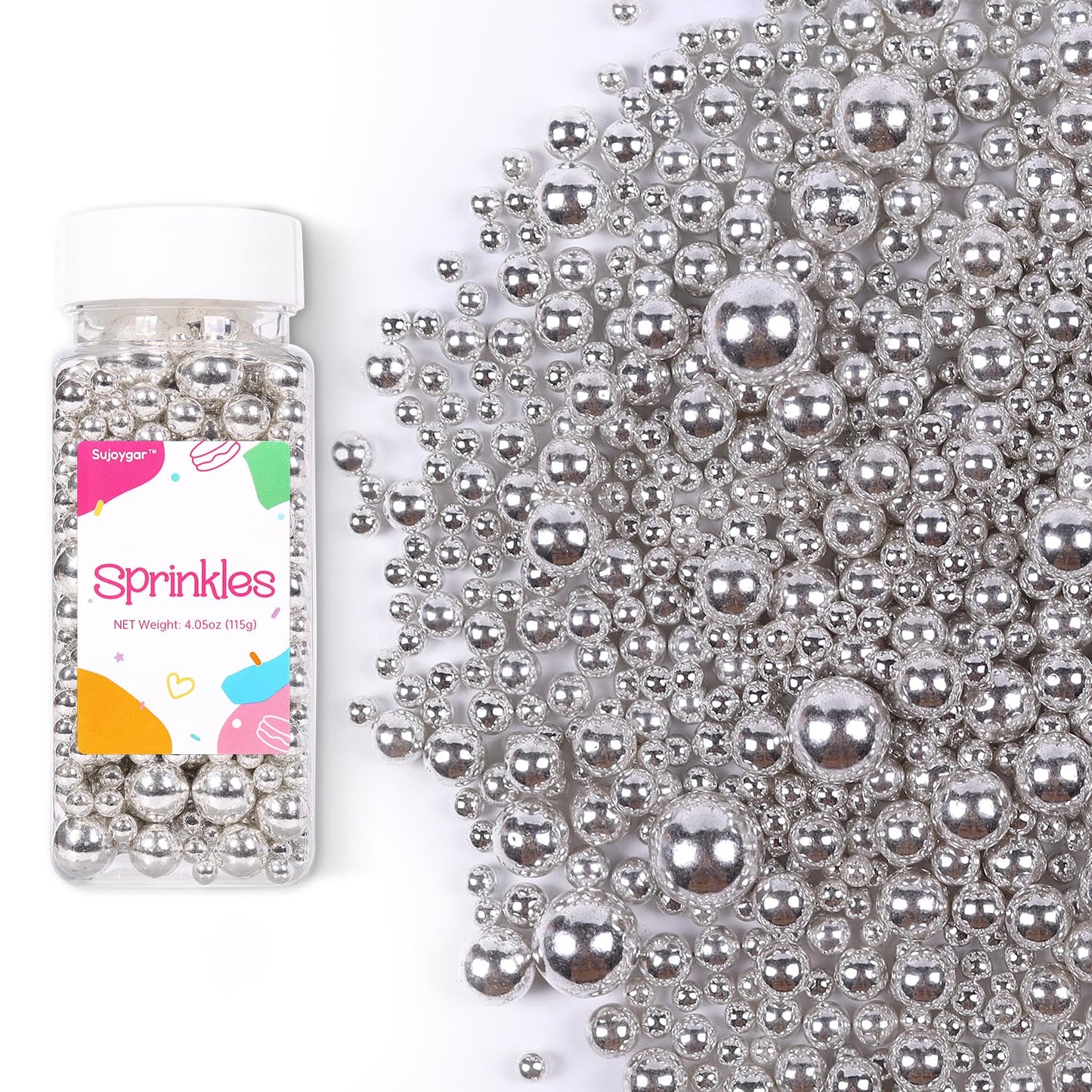 Silver Pearl Sprinkles for Cake Decorating,Metallic Sprinkles for Cupcake Toppers Baking Cookie Ice Cream, Lover Birthday Celebr