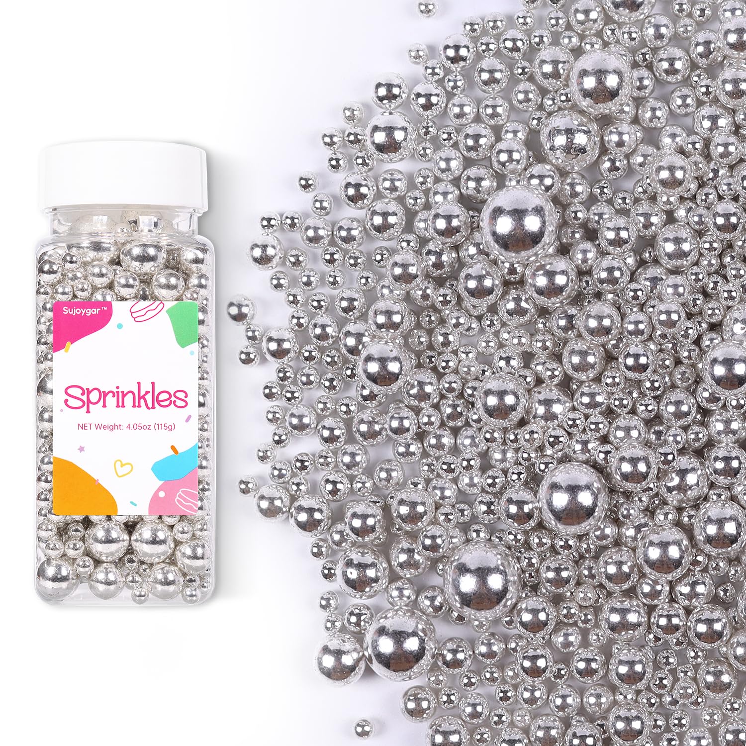 Silver Pearl Sprinkles for Cake Decorating,Metallic Sprinkles for Cupcake Toppers Baking Cookie Ice Cream, Lover Birthday Celebr