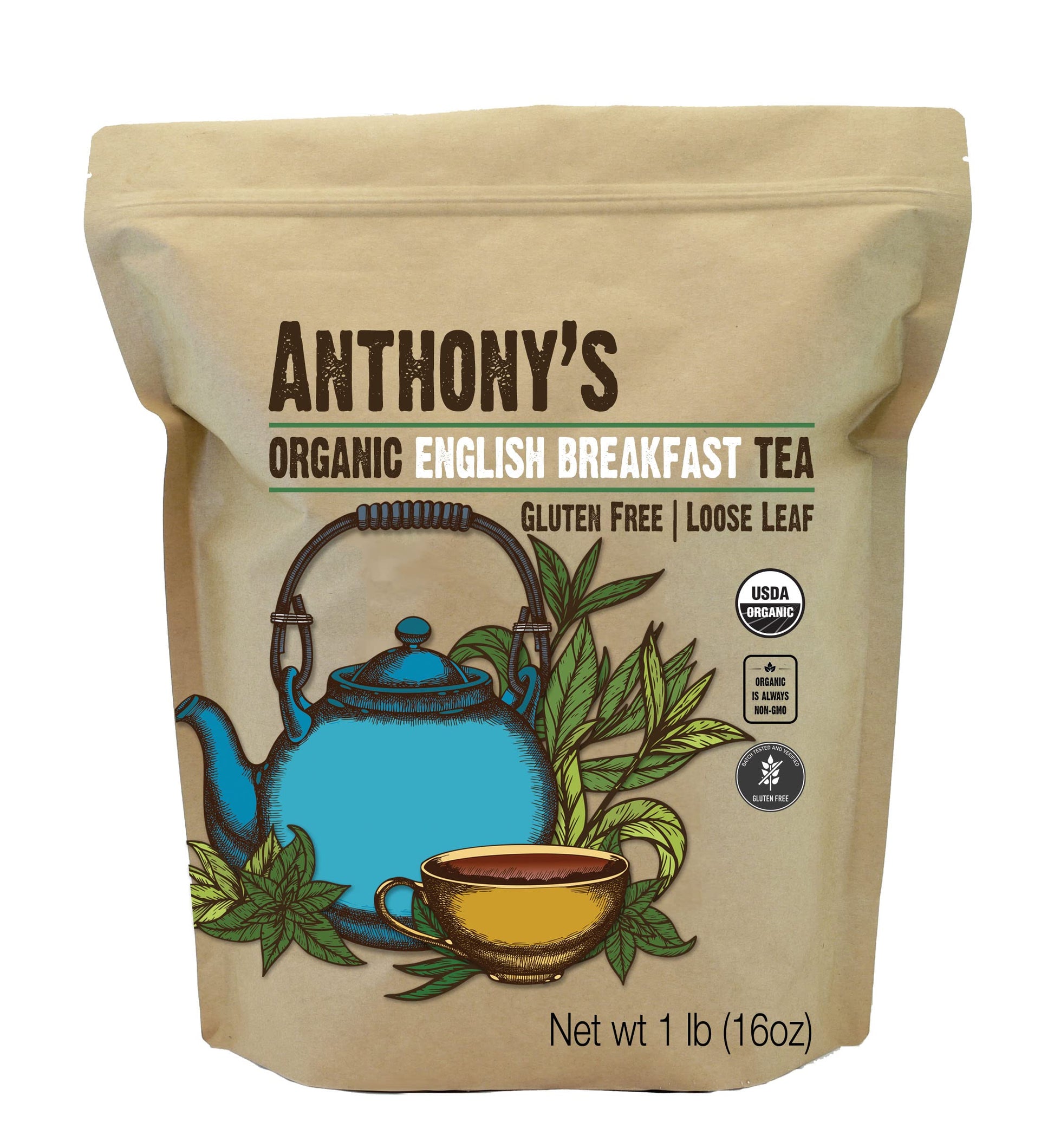 Anthonys Organic English Breakfast Loose Leaf Tea  1 lb  Gluten Free  Non GMO  Non Irradiated  Keto Friendly